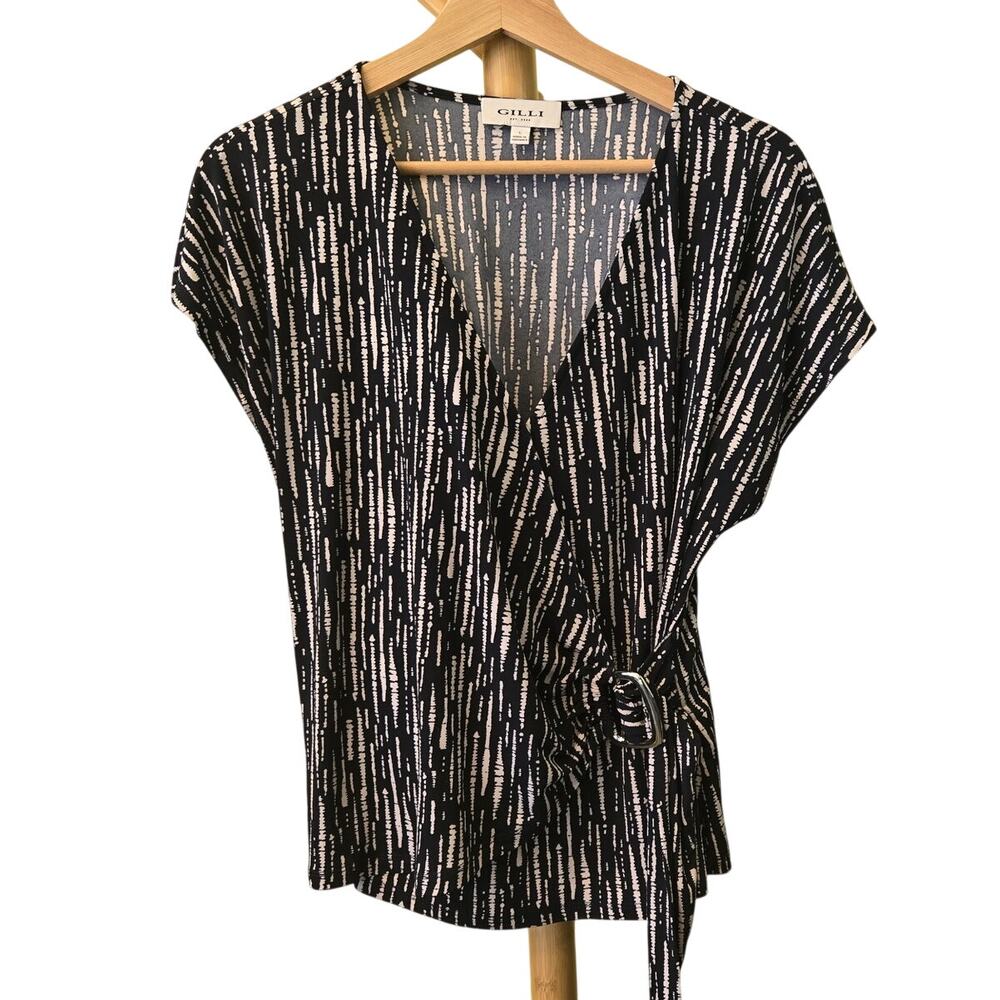 Gilli L Black/White Print V-neck Tie Knot Detail Short-sleeve Blouse/Top [0472]